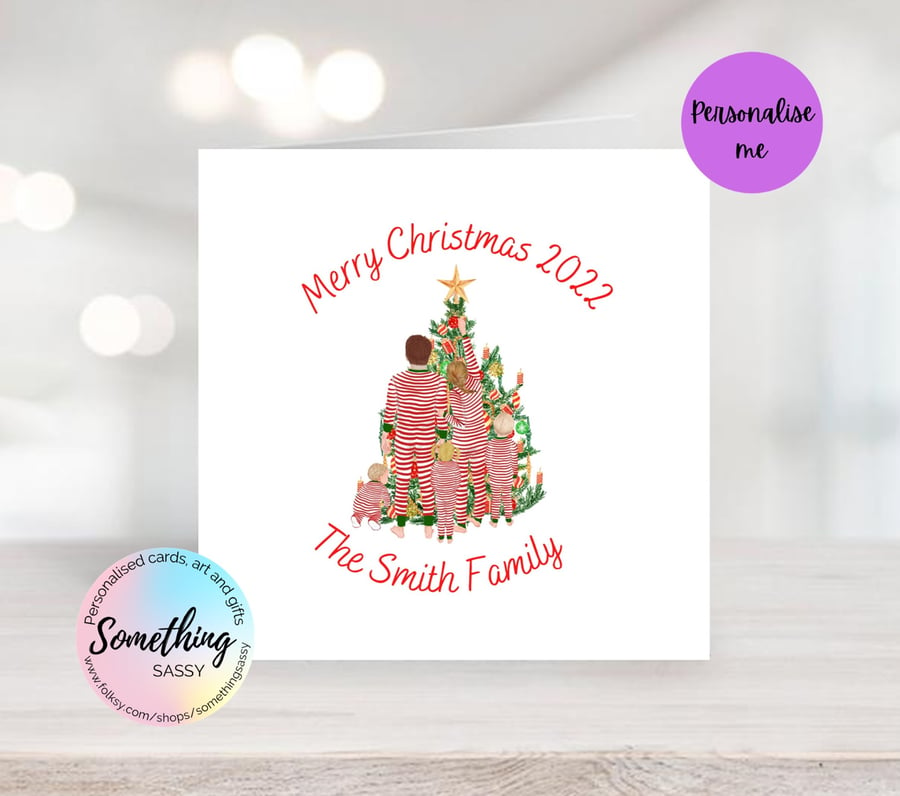 Personalised Christmas Card - Family around the tree - Bespoke Design