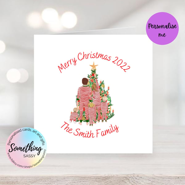 Personalised Christmas Card - Family around the tree - Bespoke Design