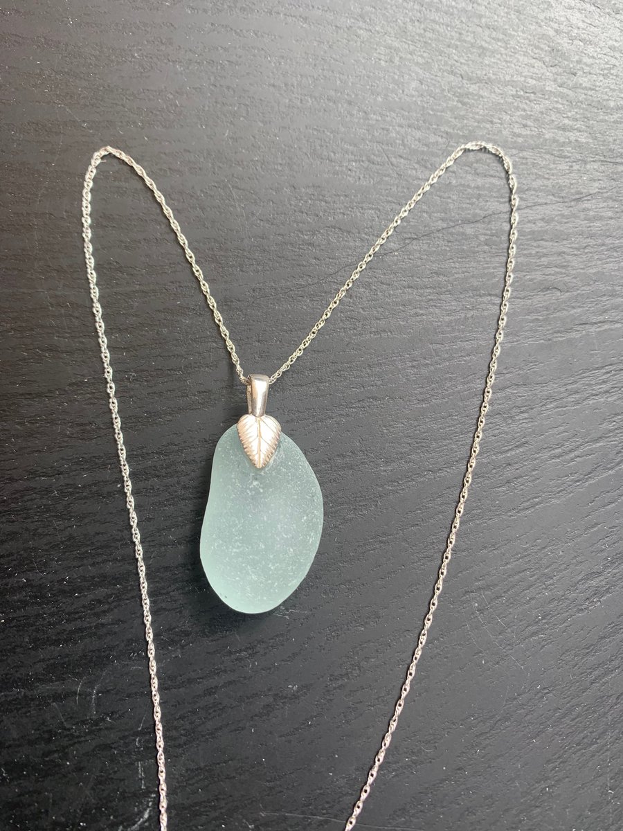 18in Sterling silver necklace and pale blue seaglass pendant in silver mount