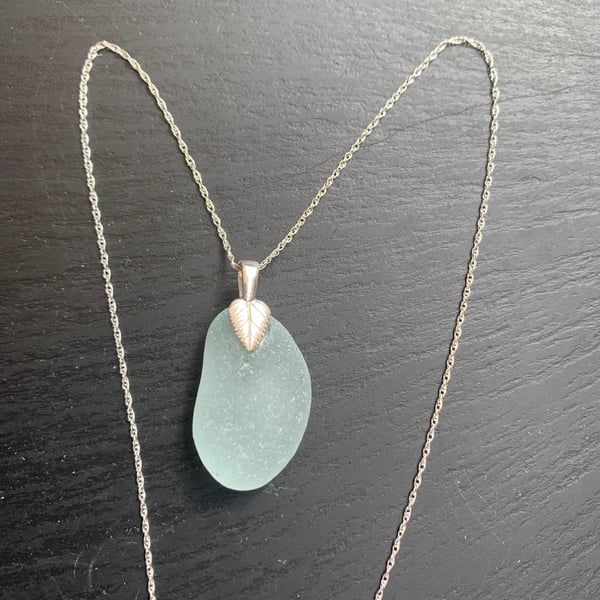 18in Sterling silver necklace and pale blue seaglass pendant in silver mount