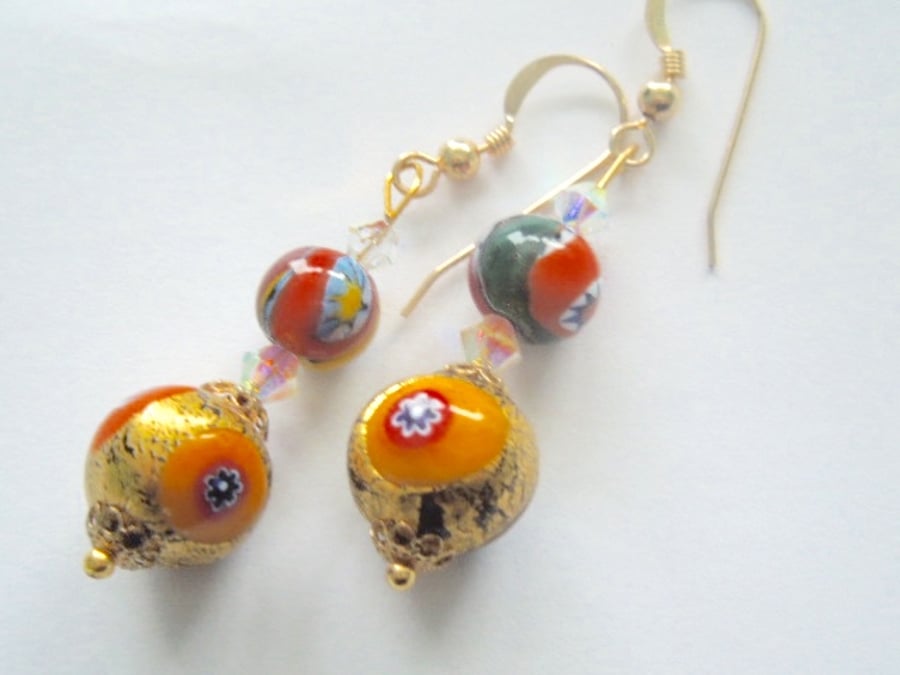 Gold Murano glass handmade earrings with Swarovski crystal and gold filled wires