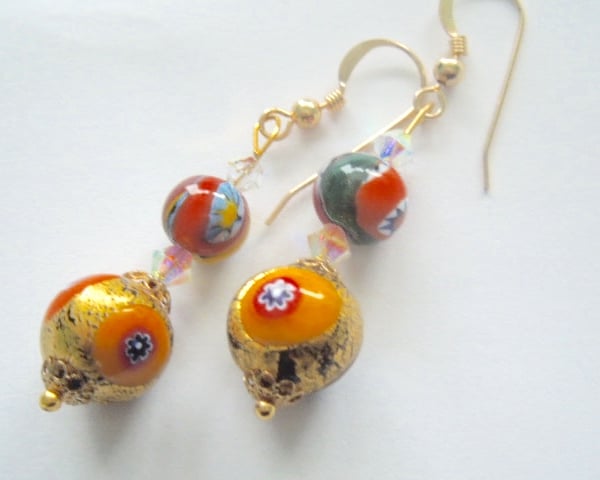 Gold Murano glass handmade earrings with Swarovski crystal and gold filled wires