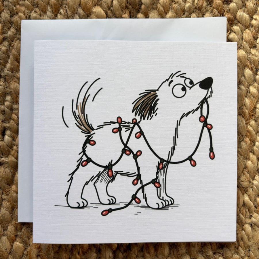 Funny Dog Christmas Card – Dog Tangled in Christmas Lights Greeting Card