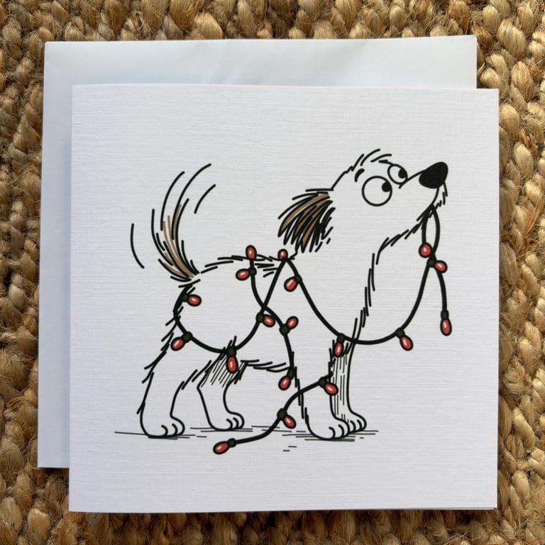 Funny Dog Christmas Card – Dog Tangled in Christmas Lights Greeting Card