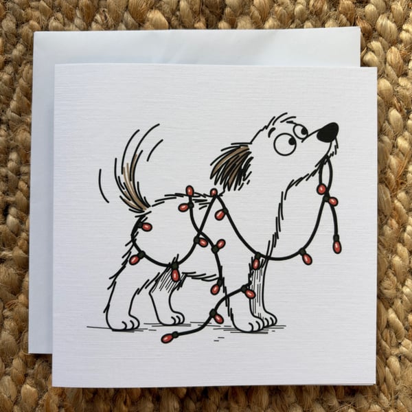 Funny Dog Christmas Card – Dog Tangled in Christmas Lights Greeting Card
