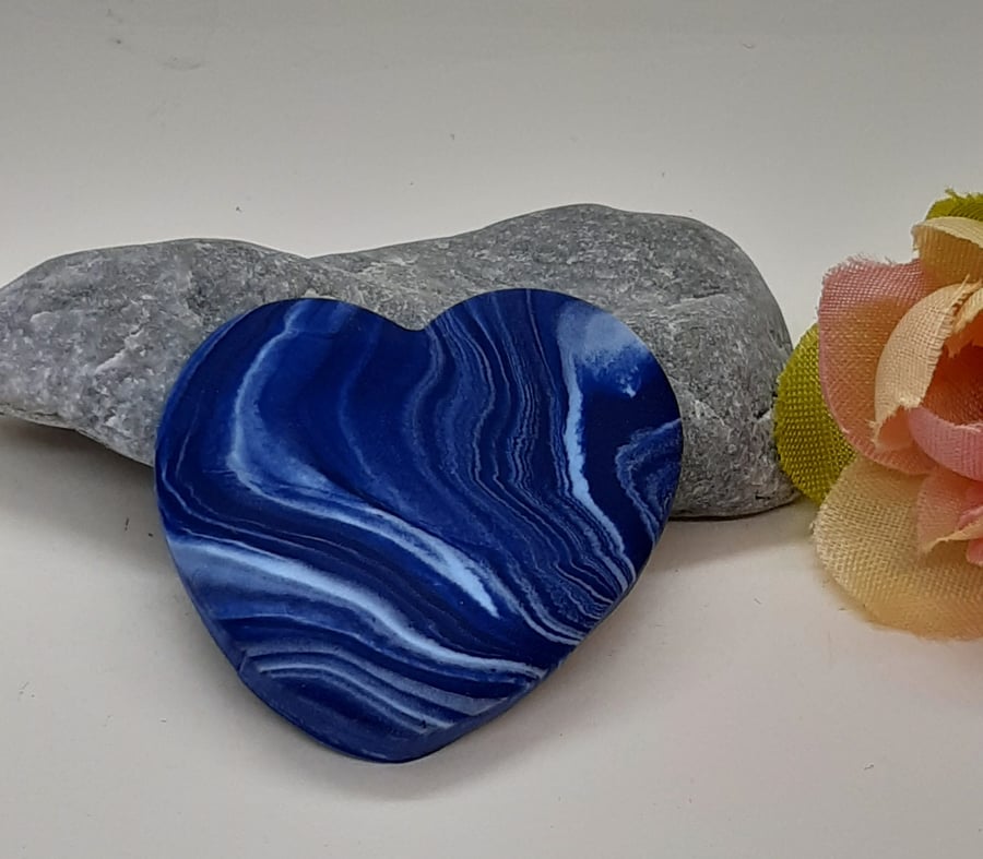 Polymer clay navy and sky blue heart brooch