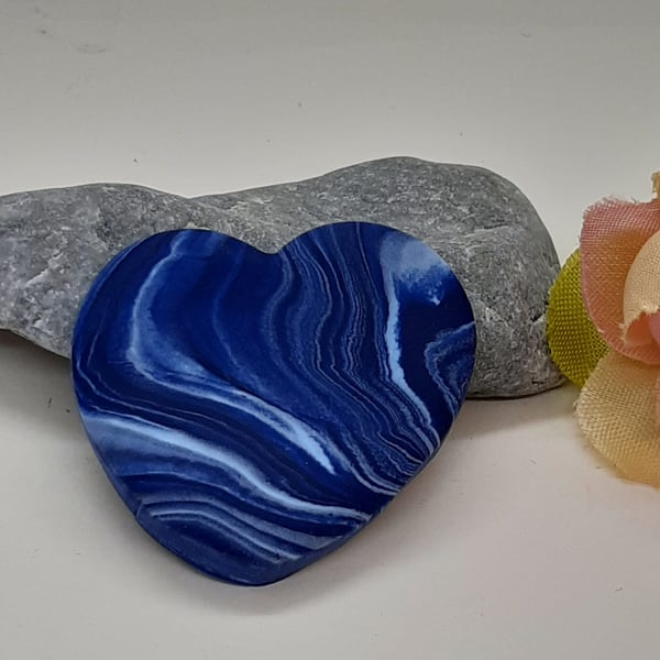 Polymer clay navy and sky blue heart brooch
