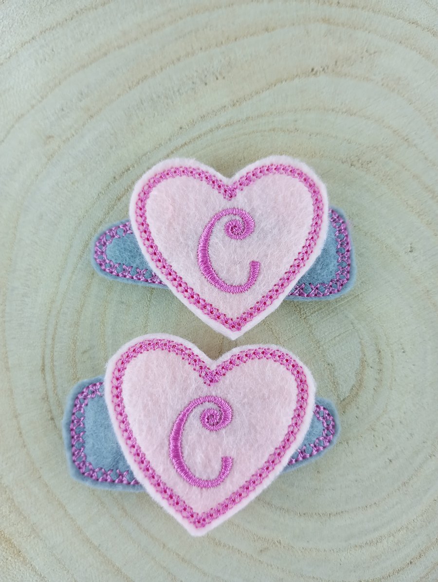 Kids Heart Hair Clips With The Letter C Embroidered In Pink