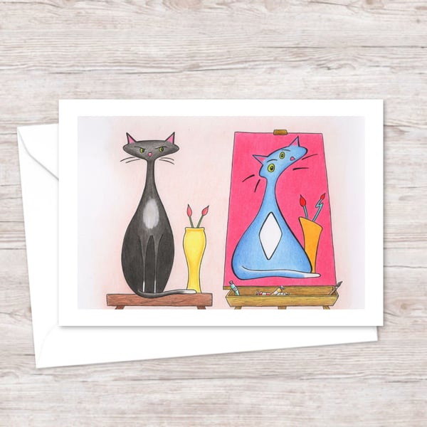  Funny Cat Greeting Card: Pencil Illustration of an Artist's Muse (114)