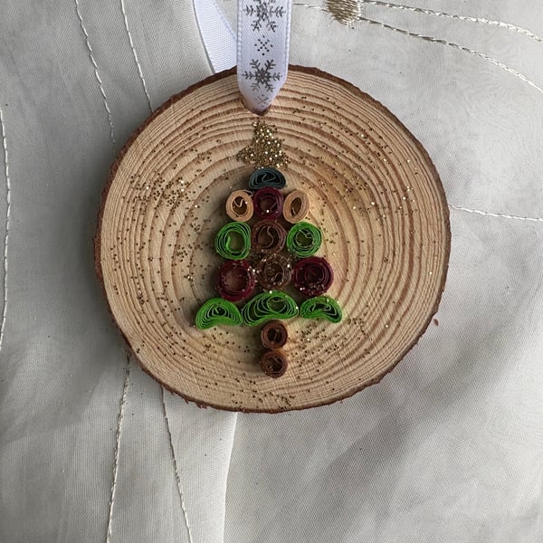Wooden and quilled paper Christmas tree bauble