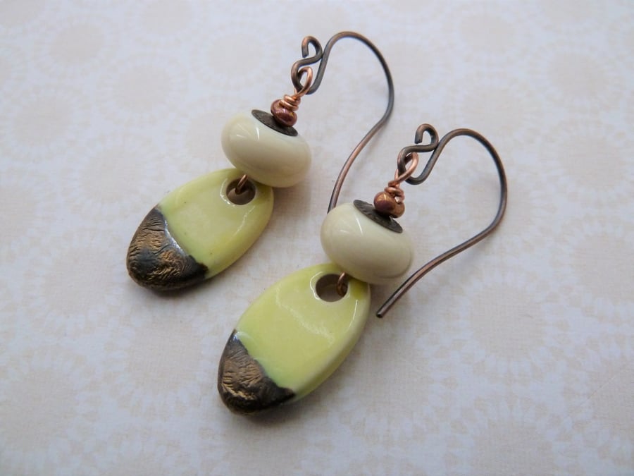 copper and lampwork lemon ceramic drop earrings