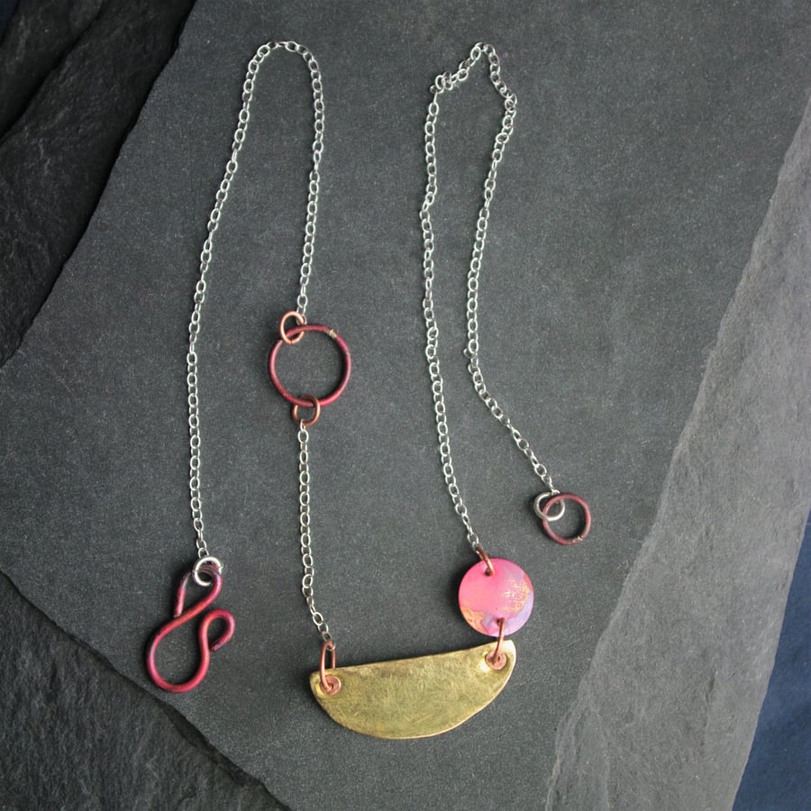 Asymmetric Brass Half Moon with Copper Necklace on a Silver Chain