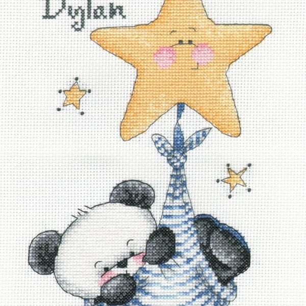 Party Paws Bamboo's baby boy swinging on a star - boy cross stitch kit