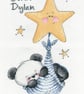 Party Paws Bamboo's baby boy swinging on a star - boy cross stitch kit - Image 1