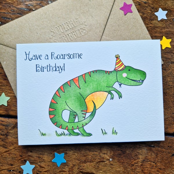 Dinosaur birthday card, T Rex birthday card, Have a roarsome birthday, Dino card