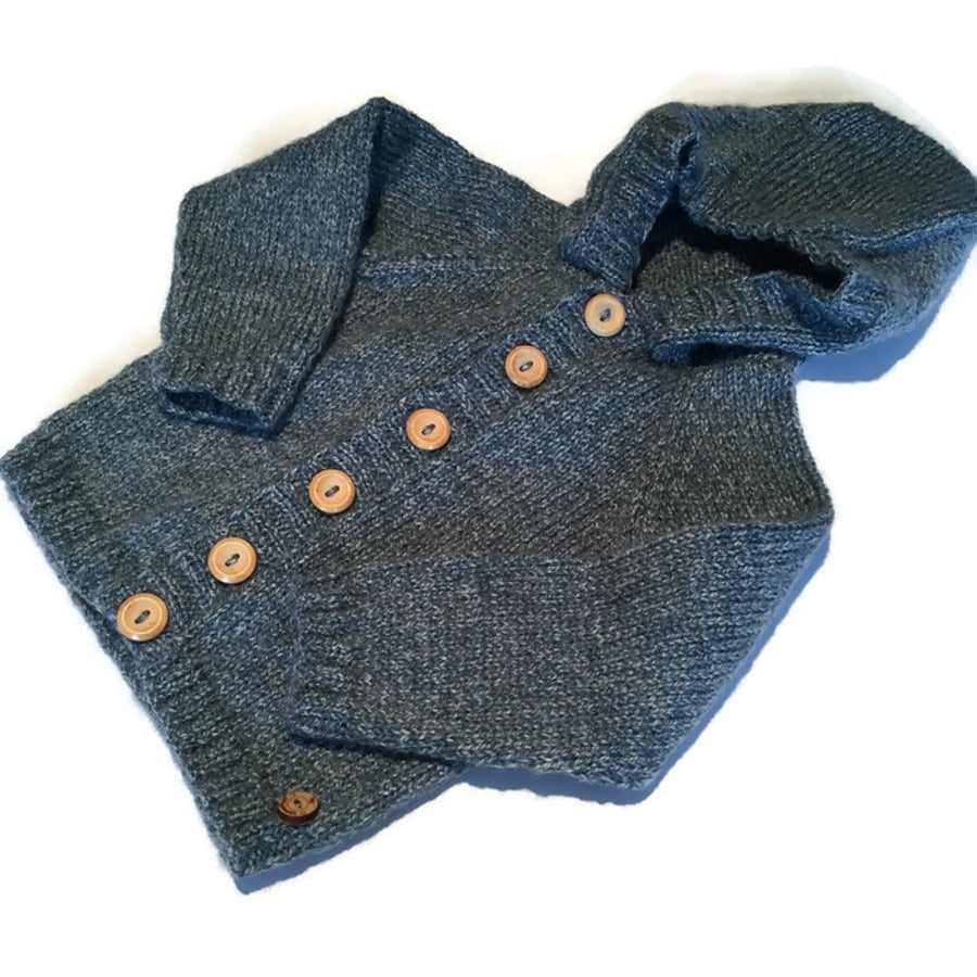 Baby Boy's Denim Blue Handknitted Hooded Cardigan to fit 18" chest