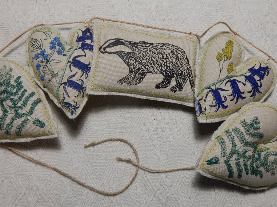 Badger and Wild flowers and Hearts - 65 cm - Bunting, wall hanging