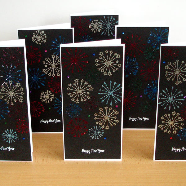 Happy New Year Handmade Fireworks Design Cards, set of 6