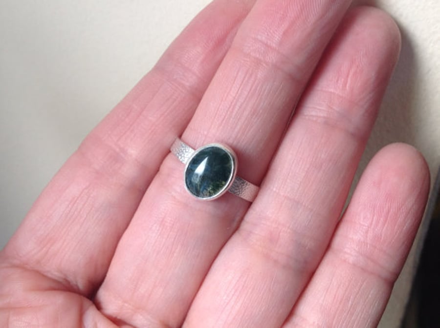 Green Moss Agate Sterling and Fine silver textured ring