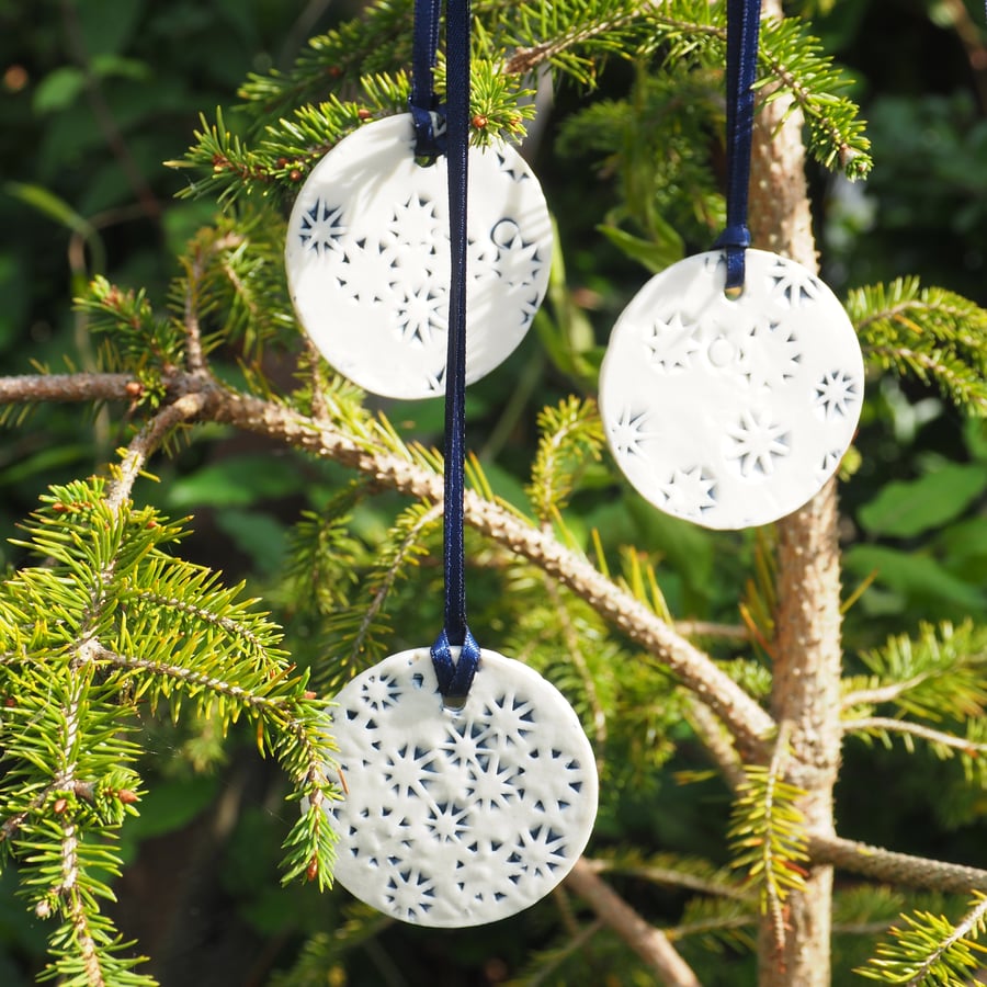 REDUCED Set of 5 Blue Starry Night - Porcelain hanging tree decorations