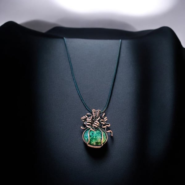 Oxidised Copper Ruby Zoisite Pumpkin Necklace 16”  Cord