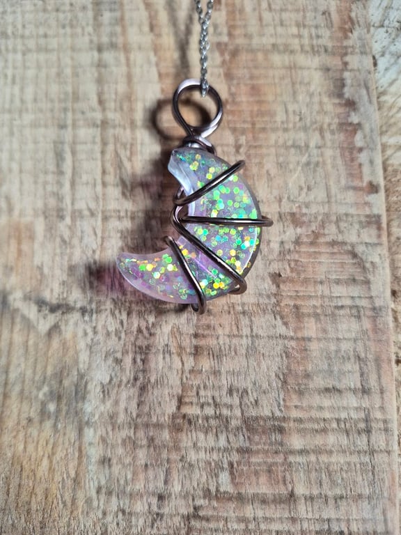 Hand Wrapped Resin Moon Necklace – Iridescent Crescent Pendant 