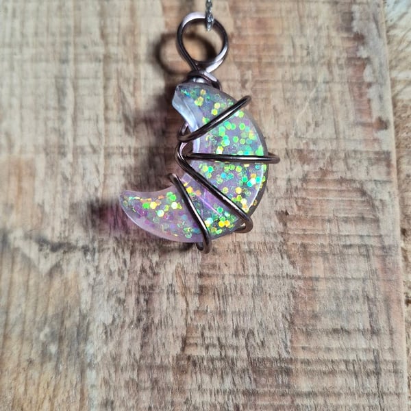 Hand Wrapped Resin Moon Necklace – Iridescent Crescent Pendant 