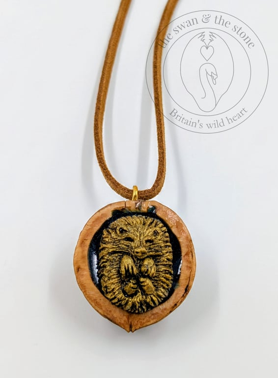 Handmade Hedgehog Wildlife Pendant - Cast in Gold Resin, Polished Walnut Shell