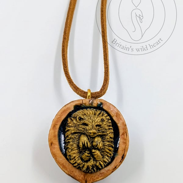 Handmade Hedgehog Wildlife Pendant - Cast in Gold Resin, Polished Walnut Shell
