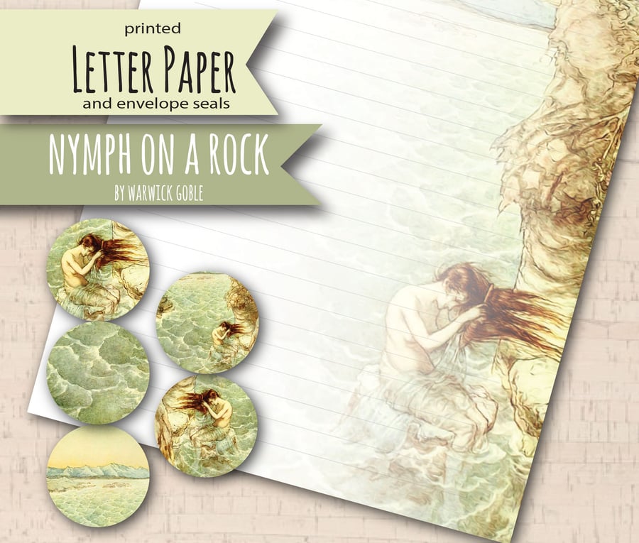 Letter Writing Paper Nymph on a Rock, art letter paper with envelope seals