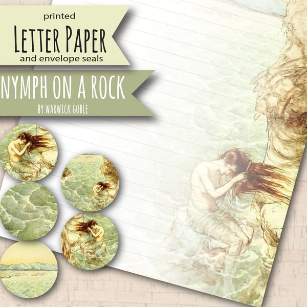 Letter Writing Paper Nymph on a Rock, vintage art letter paper