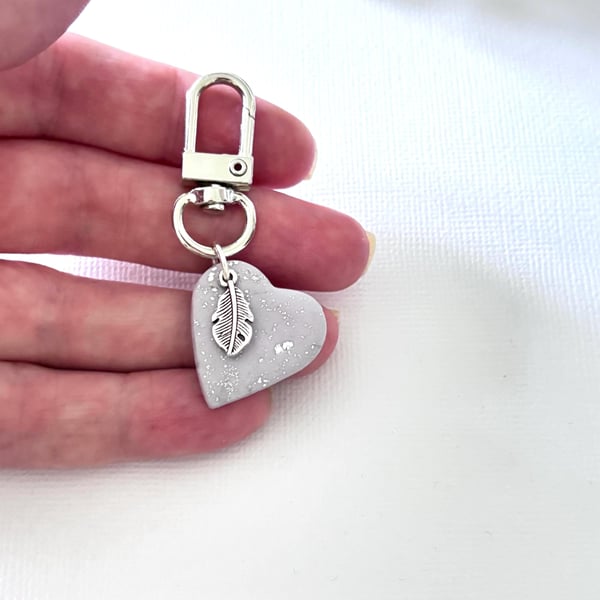 Lilac Glitter Heart Keyring with Feather Charm