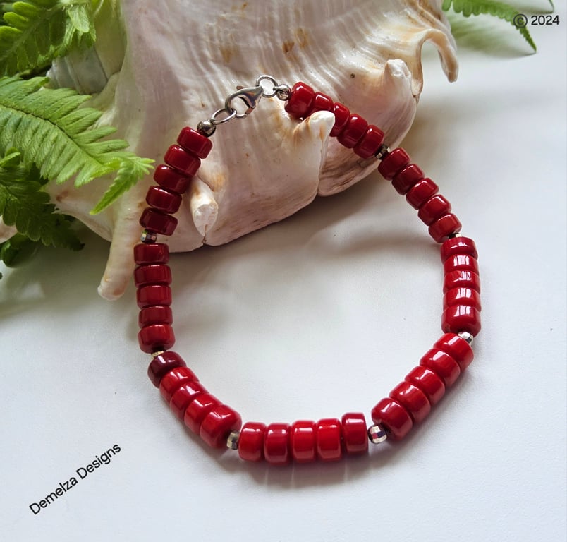 Designer Eco Bamboo Rondelle Coral Sterling Silver Bracelet