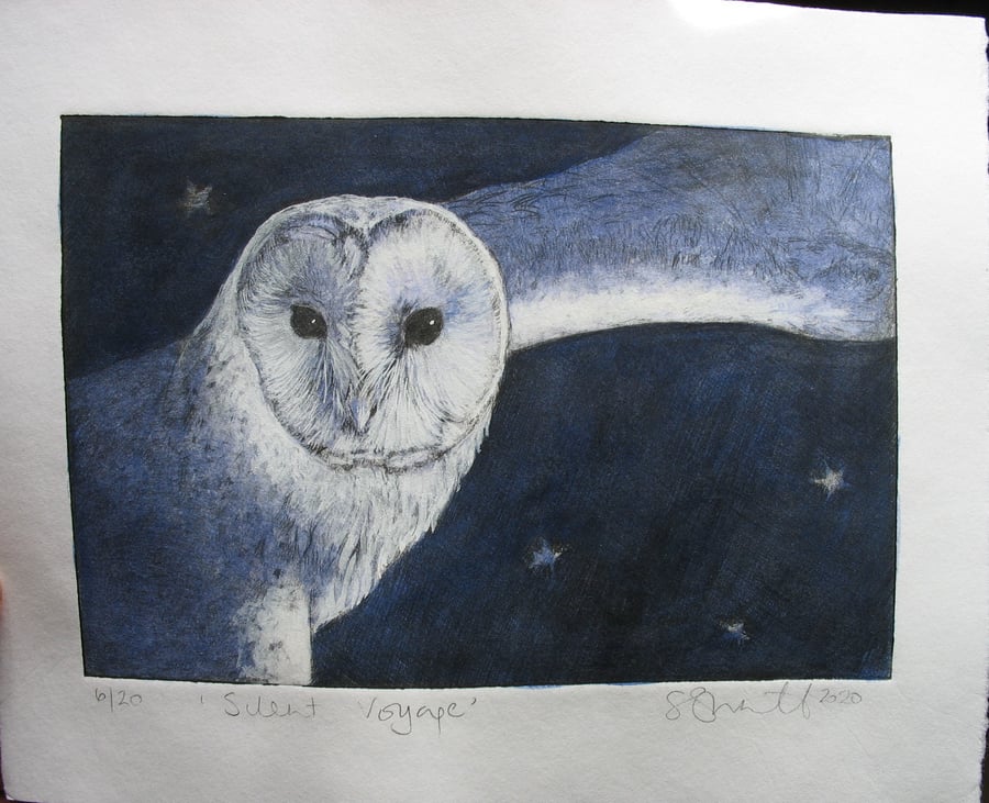 Beautiful limited edition drypoint etching of a barn owl in flight