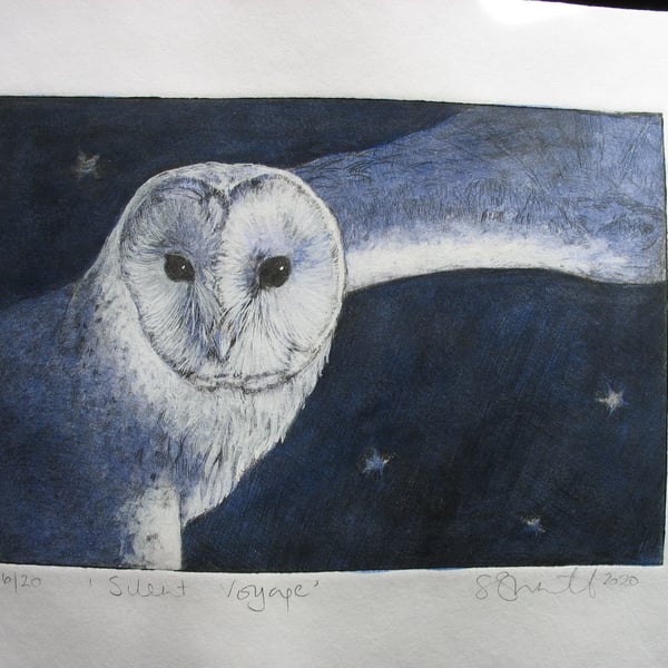 Beautiful limited edition drypoint etching of a barn owl in flight