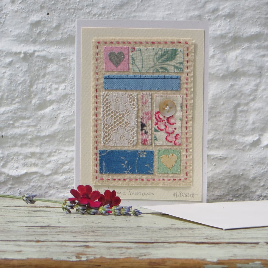 Vintage fabrics hand-stitched card, unique, old lace, mother of pearl button
