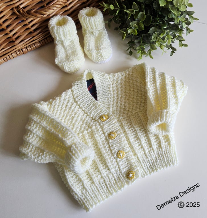 Hand Knitted Baby Cardigan & Booties Set Pale Lemon Size 0 - 3 months size