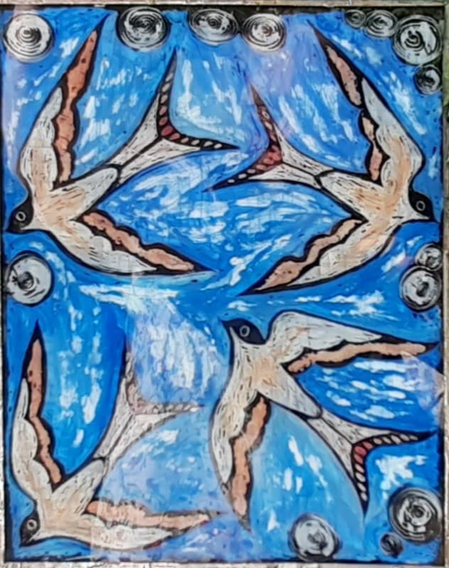 BIRD SUNCATCHER  or WALLHANGING SWALLOWS. Hand painted glass.