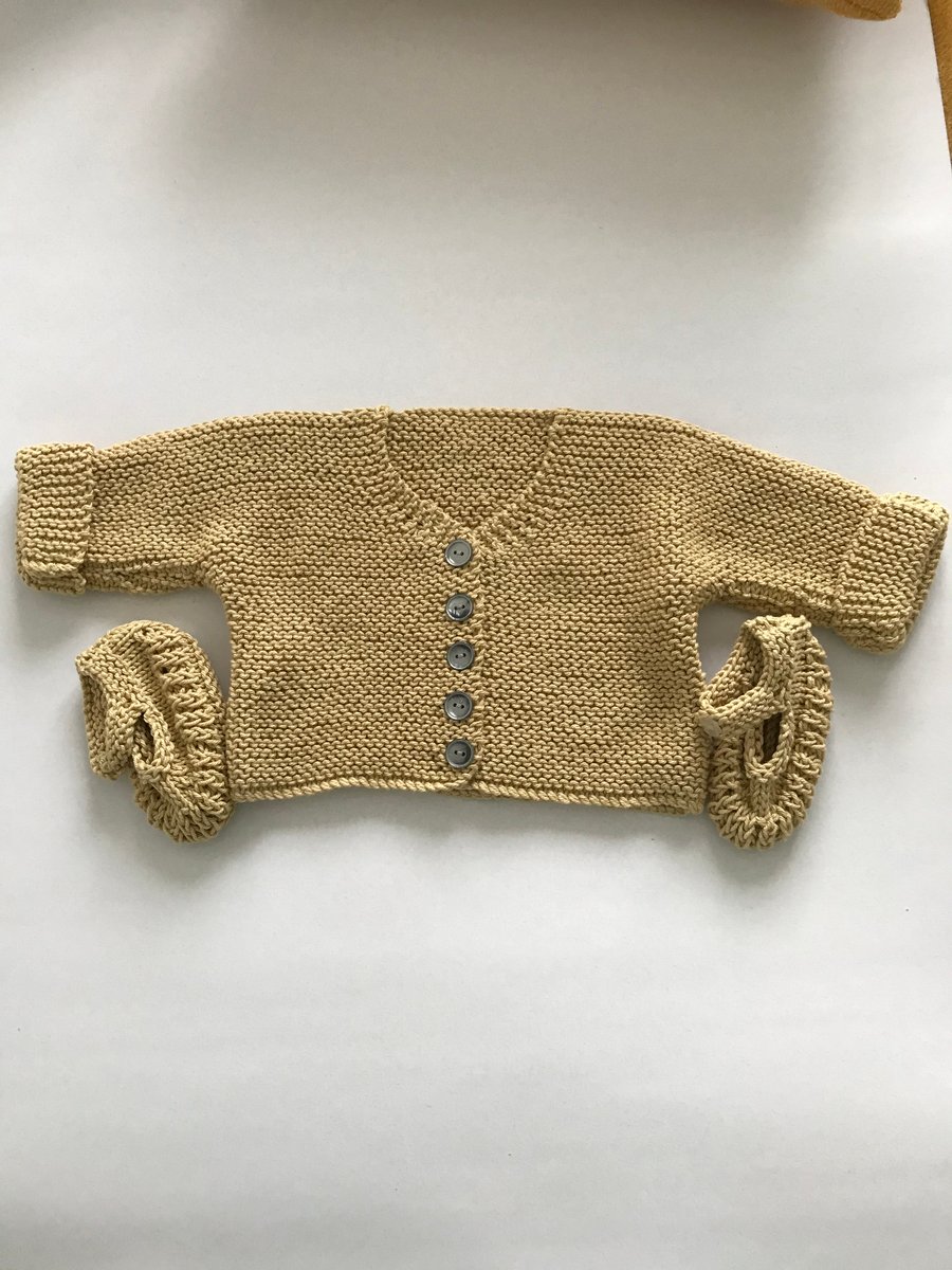 Hand knitted cotton baby cardigan and shoes