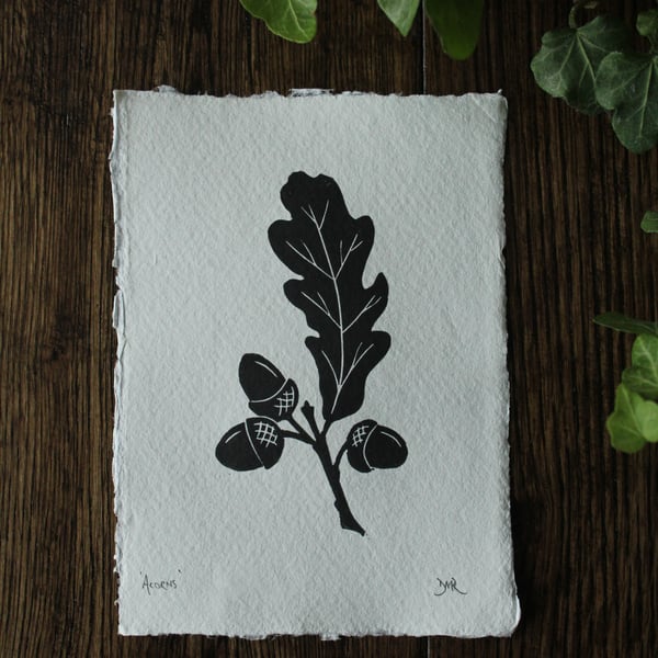 Oak and acorns lino print