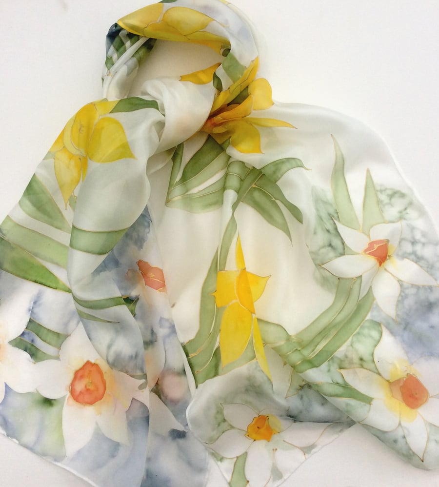 Yelllow Daffodils and White Narcissus hand painted silk scarf