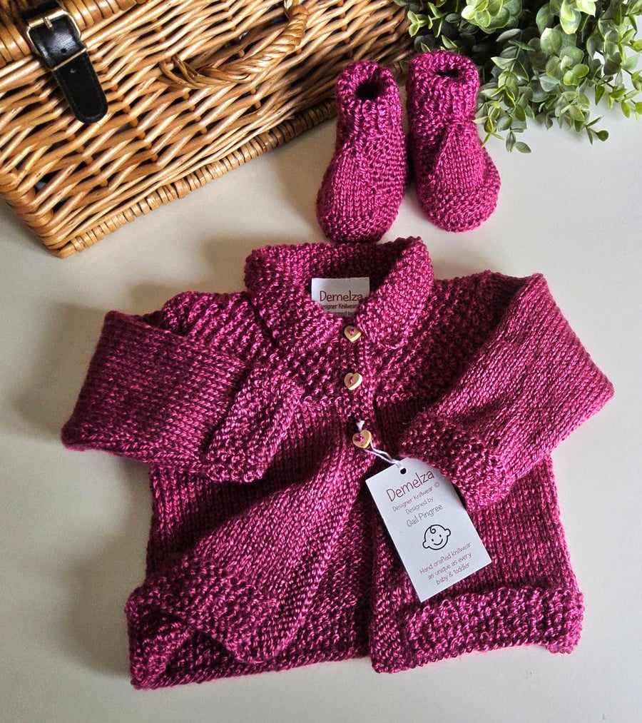 Designer Hand Knitted  Baby Jacket & Matching Booties Set Size 0-3 months 