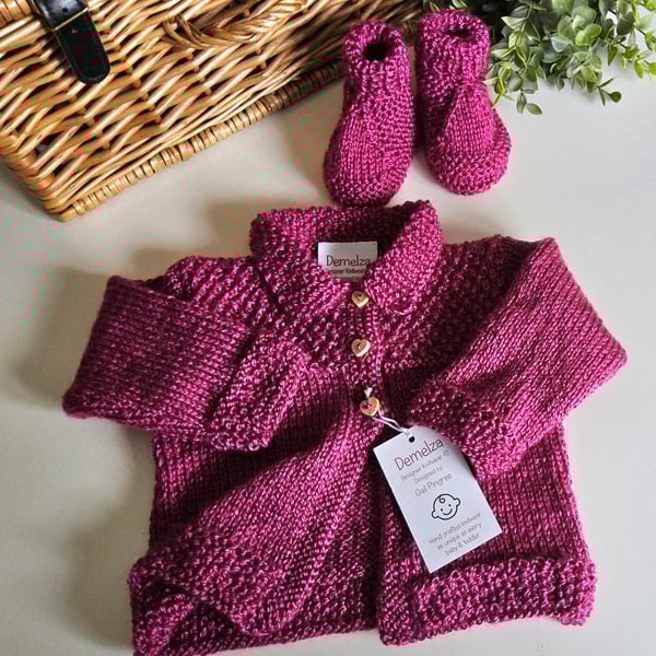 Designer Hand Knitted  Baby Jacket & Matching Booties Set Size 0-3 months 
