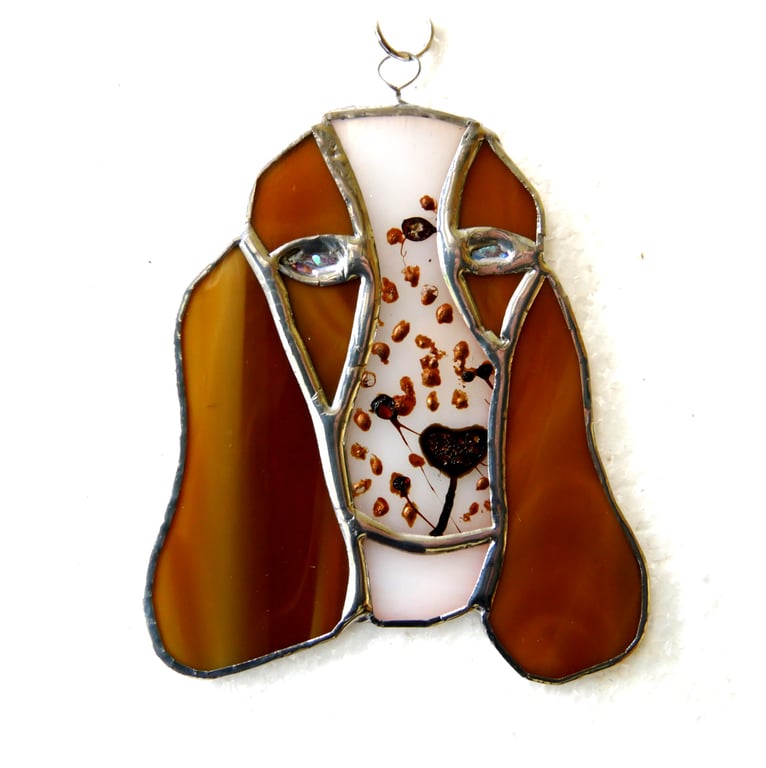 Basset Dog Suncatcher Stained Glass Brown White 