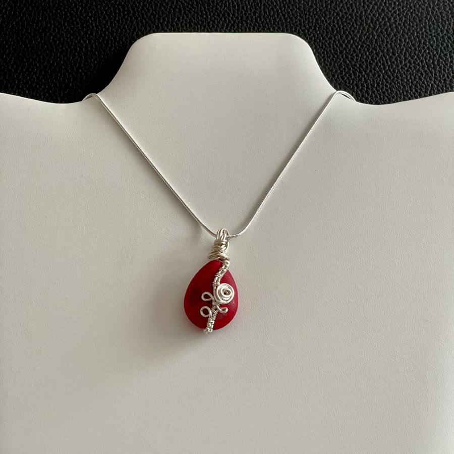 Beautiful Red Cinnabar Teardrop Floral Pendant