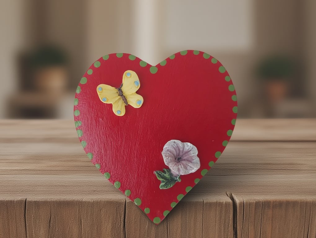 Hand-Painted Heart Cookie Fridge Magnet with Butterfly & Flower
