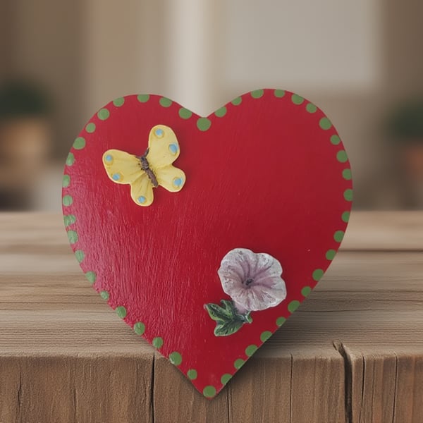 Hand-Painted Heart Cookie Fridge Magnet with Butterfly & Flower