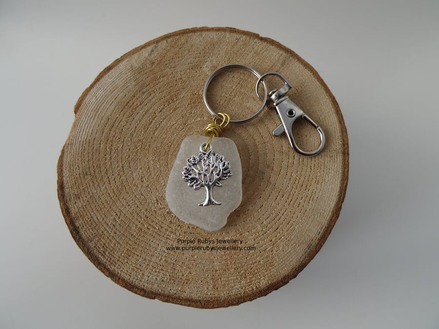 White Sea Glass with Tree of Life Bag Charm Key Ring K271