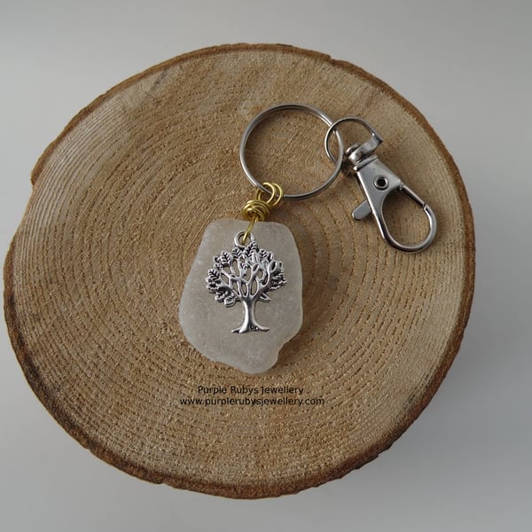 White Sea Glass with Tree of Life Bag Charm Key Ring K271