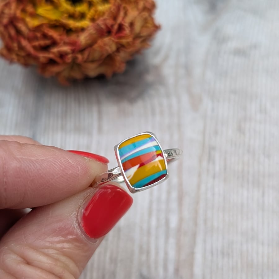 Sterling Silver Colourful Rectangle Surfite Ring – UK Size P - JBJ901